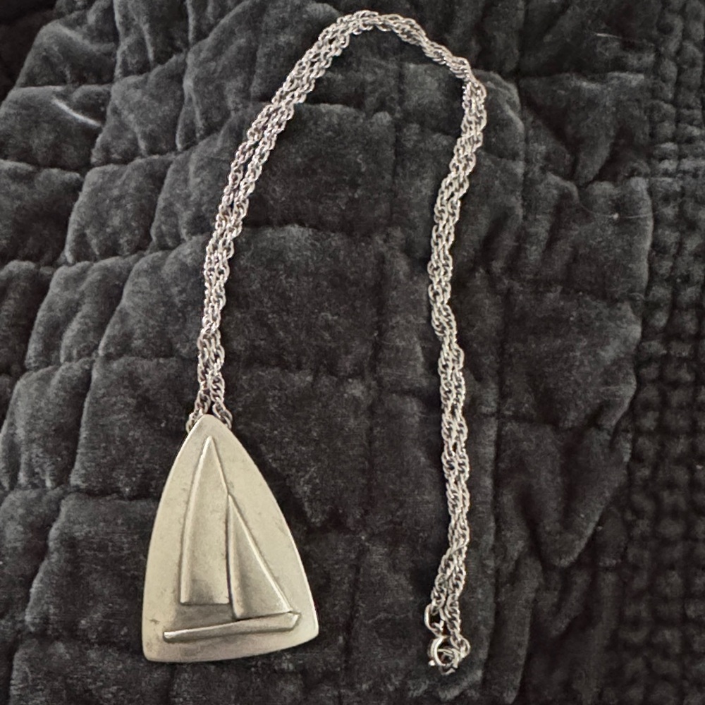Vintage Aitkens Pewter Sailboat Necklace